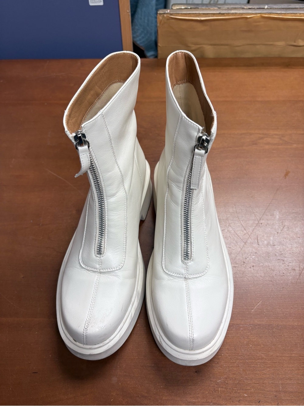 White Front-Zip Leather Ankle Boots